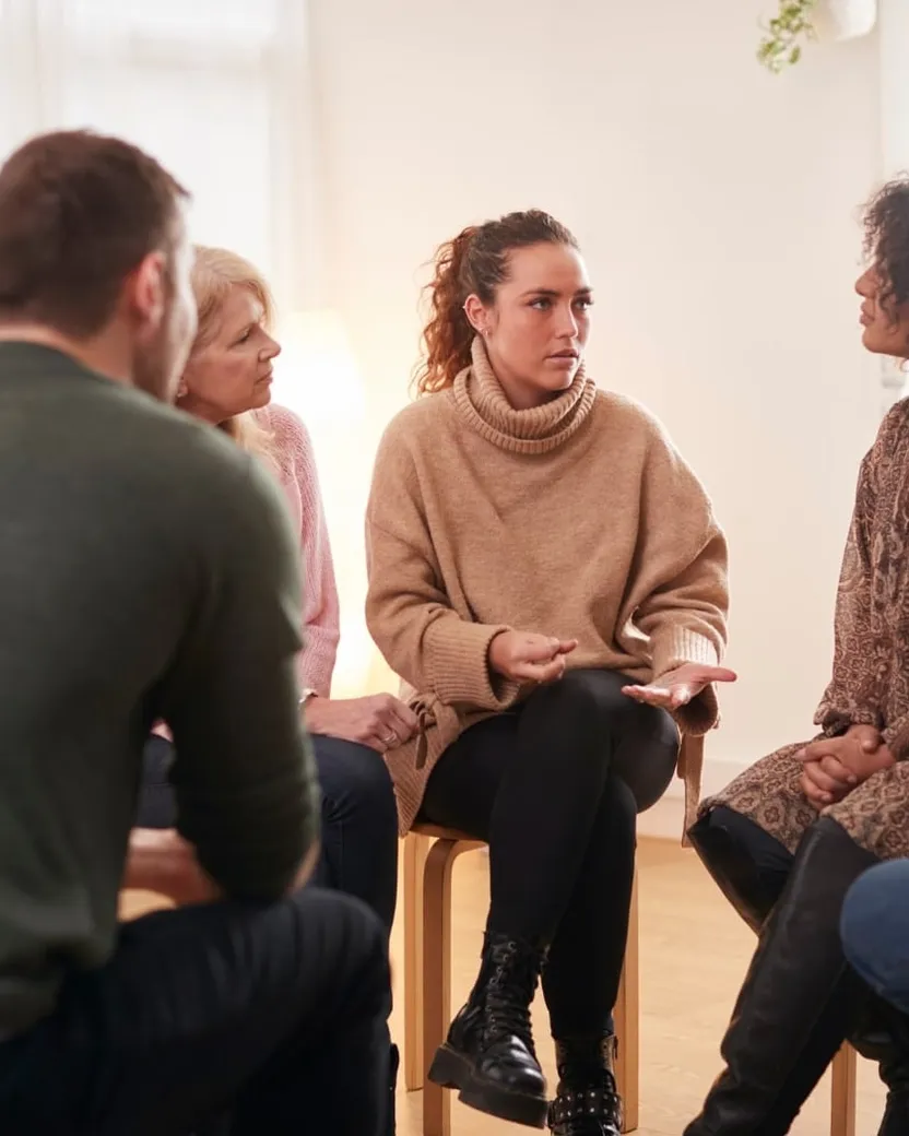 A facilitated discussion group seated in a circle, talking together